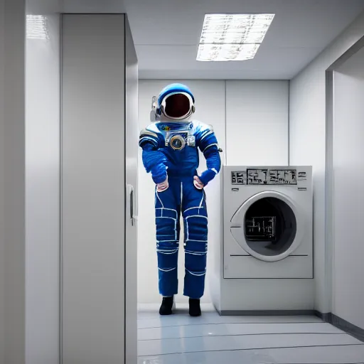 Image similar to a beautiful photo of an astronaut waiting in an self-service automatic laundry room, soft light, morning light, photorealistic, realistic, octane, 8k, cinematic shot