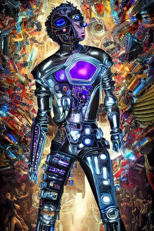 Image similar to full-body cyberpunk style chrome sculpture of a young handsome Latino prince as a half android with a chest opening exposing circuitry and electric sparks, glowing laser beam eyes, crown of giant diamonds, flowing neon-colored silk, fabric, raptors. baroque elements. full-length view. baroque element. intricate artwork by caravaggio. many many birds birds on background. Trending on artstation, octane render, cinematic lighting from the right, hyper realism, octane render, 8k, depth of field, 3D