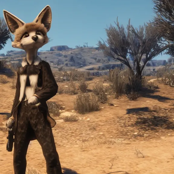 Image similar to a blue fennec fox furry in a fursuit in red dead redemption 1 shooting himself