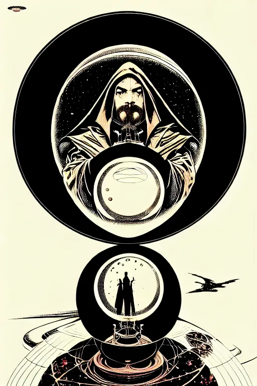 Image similar to cloaked steampunk wizard looking into a crystal ball, high details, intricately detailed, by vincent di fate, inking, 3 color screen print, masterpiece, trending on artstation,, sharp, details, hyper - detailed, hd, 4 k, 8 k