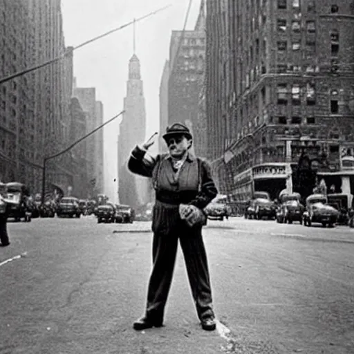 Image similar to super Mario standing in the streets of 1940s new york