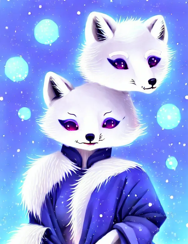 Image similar to a cute anthropomorphic arctic fox girl anthro wearing indigo ribbons and a fluffy robe, winter park background, very anime!!! kawaii!! furry!! intricate details, aesthetically complementary colors, scenic background, art by rising artists with a radically new style. trending on artstation, top rated on pixiv and furaffinity