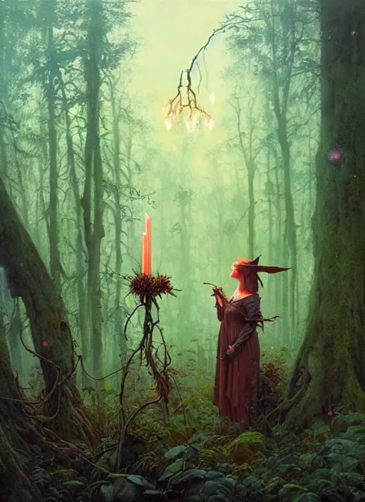 Image similar to a hyper realistic witch shrine, candles, in the woods, distant explosions, gorgeous lighting, lush forest foliage, painting by chiara bautista and tom bagshaw, mucha, beksinski and norman rockwell and greg rutkowski weta studio, and lucasfilm