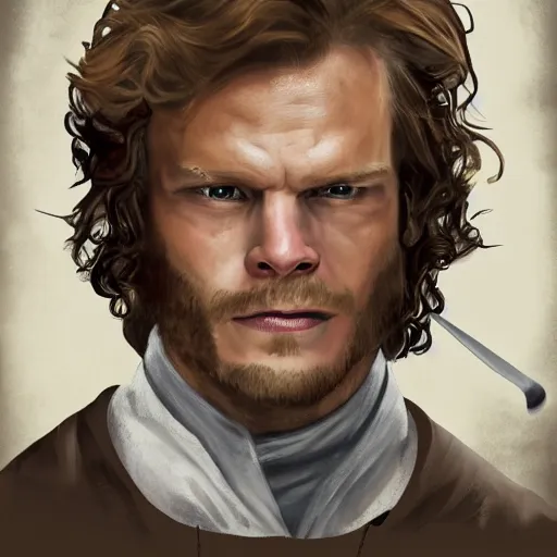 Image similar to Sam Heughan as Jamie Fraser, caricature portrait exaggerated by Sebastian Krüger and Bruno Tesse trending on artstation, hyperdetailed, funny , humor, perfect composition. Scotland background