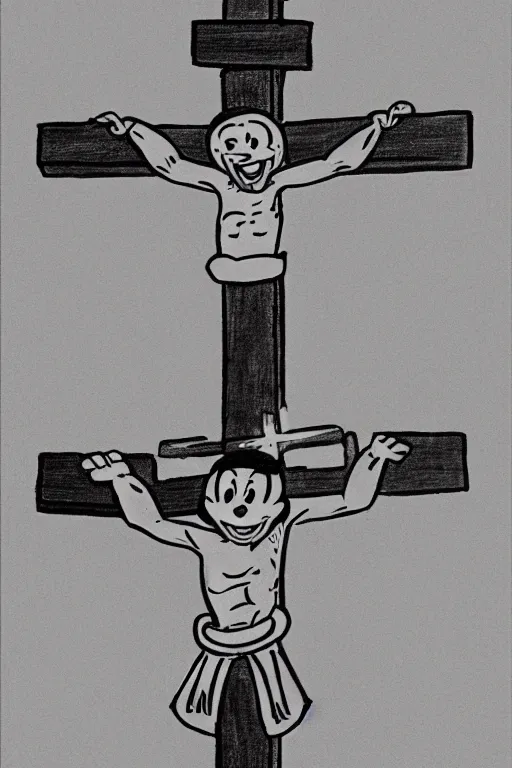 Image similar to steamboat willie crucified on a cross, drawn by Walt Disney