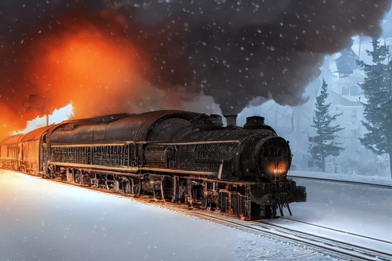 Prompt: an old locomotive is rushing through the snow storm in high speed, white steam on the side, and dark smoke with fire from the pipes, dynamic angled shot, speed lines, fire particles and snowflakes everywhere, 8k, hyperrealistic, ultra sharp, octane render, unreal engine, light breaks through the roofs, artstation, very detailed, 16k, cinematic scenery,