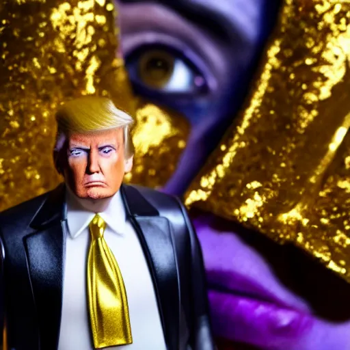 Image similar to Donald Trump with silver-violet hair, white eyes and golden glittery dress, wide lens, diorama, 4k,