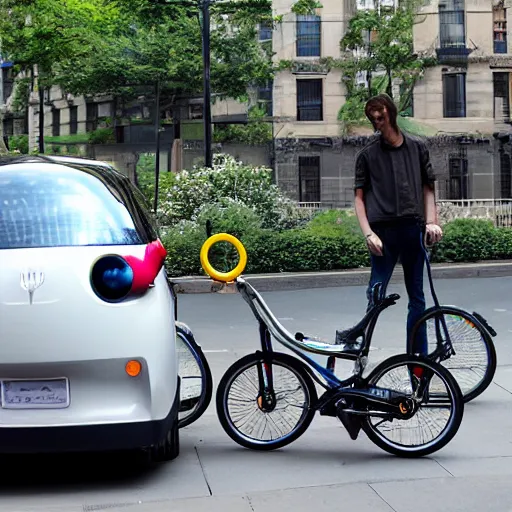 Prompt: dreaming electric bycicle and electric car by Leo Katz