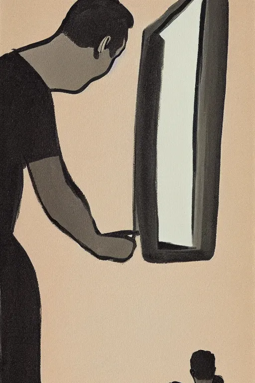 Image similar to man looking at his reflection in the mirror, 1960’s minimalist advertising illustration, painterly, expressive brush strokes