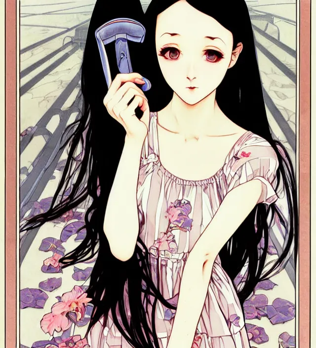 Image similar to portrait of a morbid 18 year old young woman wearing a cottage-core aesthetic dress with straight silky black hair, in a butcher shop, queen of sharp razor blades, in the style of Range Murata and by Alphonse Mucha and by Katsuhiro Otomo.
