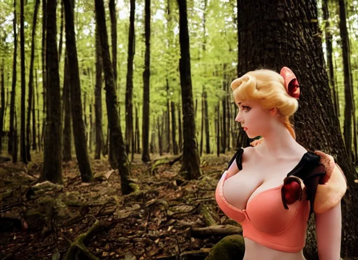 Prompt: detailed photograph real life princess peach, tight push up bra, really large bust, forest, cinematic, aesthetics