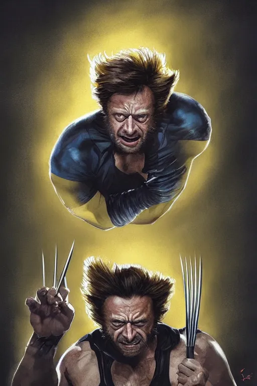 Image similar to Boris Johnson as movie Wolverine, claws are up, yellow X-man costume, Boris Johnson hairstyle, calm, grumpy, portrait, masculine figure, highly detailed, digital painting, artstation, concept art, smooth, sharp focus, illustration, cinematic lighting, art by artgerm and greg rutkowski and alphonse mucha