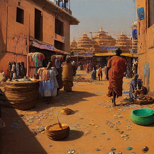 Image similar to a busy bazaar in timbuktu on a sunny day, high detail, beksinski, ted nashmith, moebius