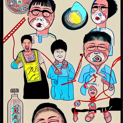 Image similar to chinese surgeons operating on a body on an operating table, in the style of daniel johnston and outsider art, 8k, line brush, minimal, overlaid with chinese adverts, collage