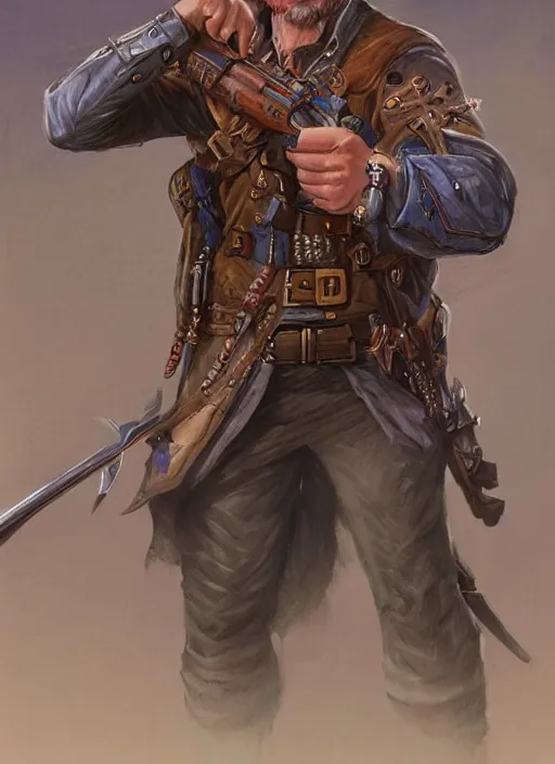 Image similar to gun slinger, dndbeyond, bright, colourful, realistic, dnd character portrait, full body, pathfinder, pinterest, art by ralph horsley, dnd, rpg, lotr game design fanart by concept art, behance hd, artstation, deviantart, hdr render in unreal engine 5