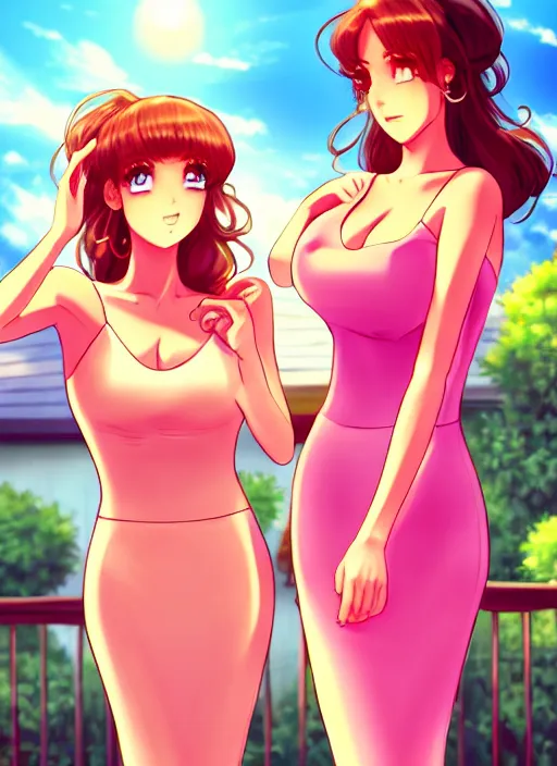 Image similar to two beautiful housewives outside on a hot summer evening, gorgeous faces, thick lines, cinematic lighting, detailed anime art