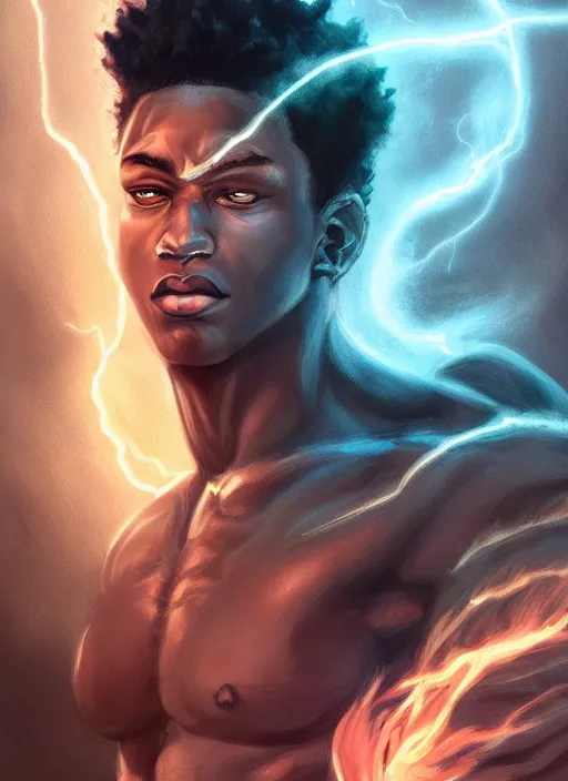 Prompt: a highly detailed illustration of short curly haired fade african god of lightning, evil summoning lightning from hands pose, moonlit clouds background, muscular, intricate, elegant, highly detailed, centered, digital painting, artstation, concept art, smooth, sharp focus, league of legends concept art, WLOP
