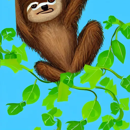 Image similar to digital painting of an energetic young sloth with big eyes swinging on a vine