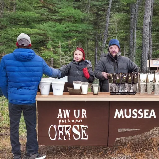 Image similar to a family of moose selling coffee at a stand in new hampshire, realistic, 8 k