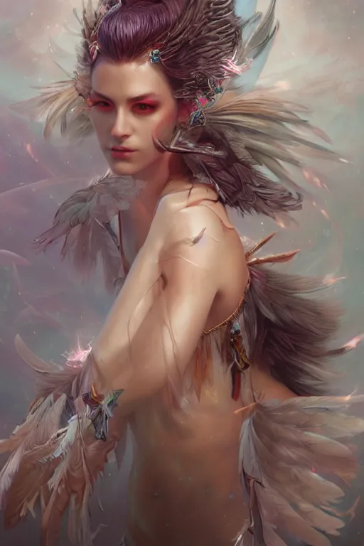 Image similar to beautiful model wearing icel white feathers, diamonds, jewelry, angel, fantasy, dramatic lighting, highly detailed, digital painting, holding electricity, magic the gathering, hyper detailed, 3 d render, hyper realistic detailed portrait, peter mohrbacher, wlop, ruan jia