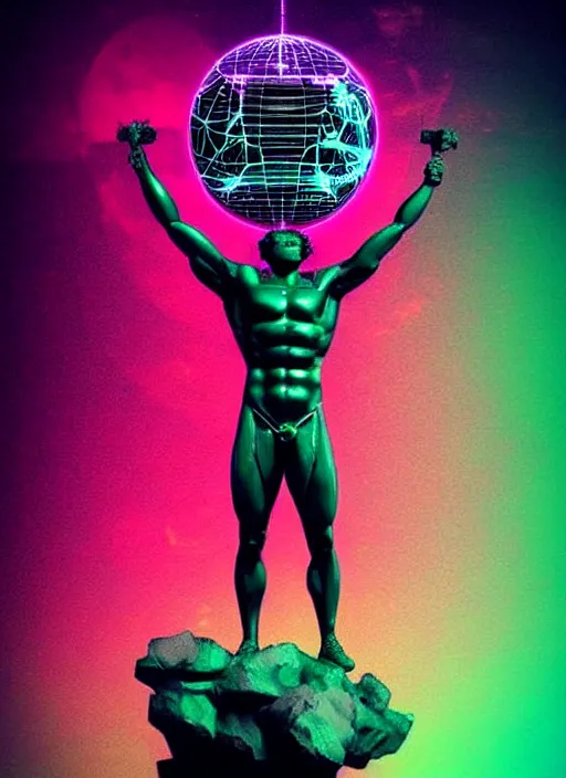 Prompt: statue of atlas, beeple, vaporwave, retrowave, black background, neon wiring, black, glitch, strong contrast, cuts, pinterest, trending on artstation