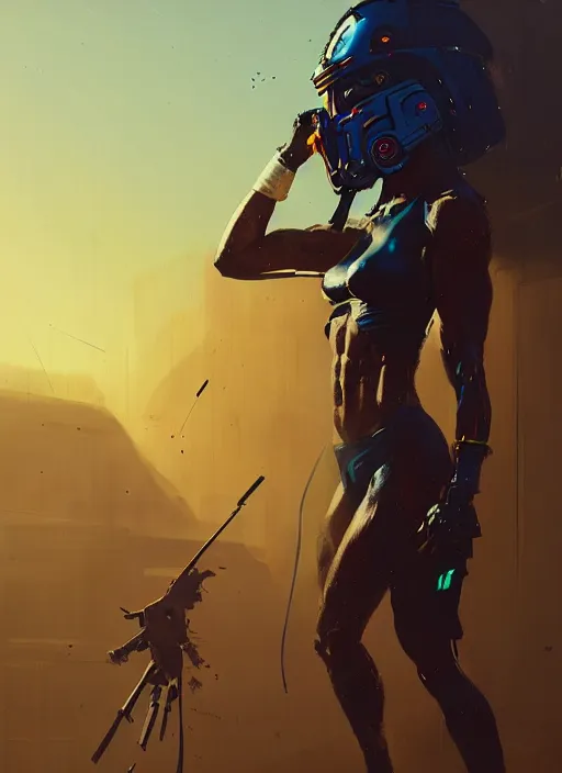 Image similar to cindy landolt as sci - fi bounty hunter, golden hour, by ismail inceoglu