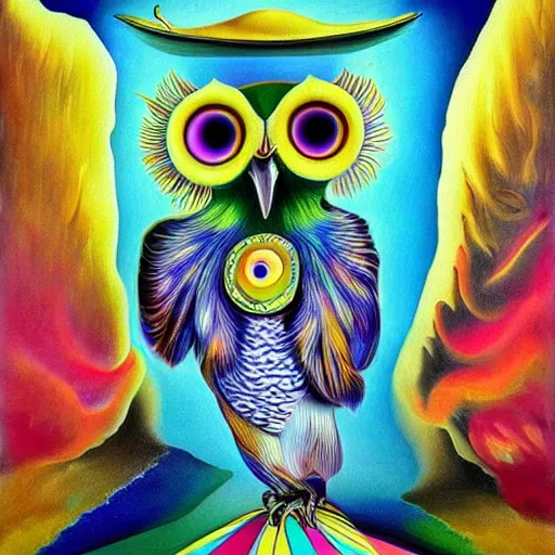 Image similar to the wisest of all owls, psychedelic, salvador dali, trending on artstation, surreal