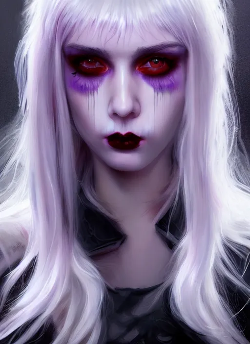 Image similar to portrait of white teenage girl, normal face, white bangs, mall goth, cyberlox, black and white hair, bangs, fluffy bangs, red contact lenses, purple lipstick, intricate, elegant, highly detailed, digital painting, artstation, concept art, sharp focus, smooth, illustration, art by wlop, mars ravelo and greg rutkowski