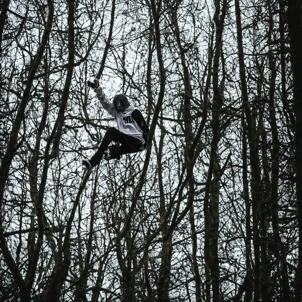 Image similar to cinematic still of bladee in dark forest, XF IQ4, f/1.4, ISO 200, 1/160s, 8K, RAW, dramatic lighting, symmetrical balance, in-frame