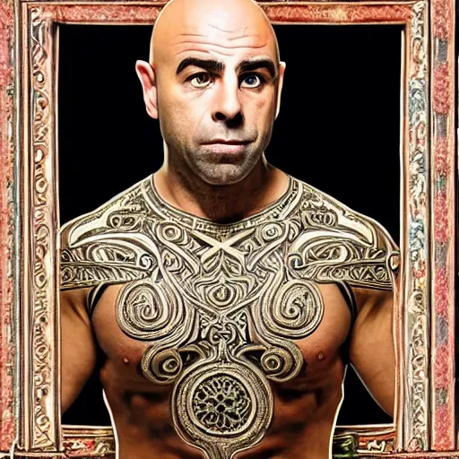Image similar to elf that looks like joe rogan, symmetrical, full body image, accurate image, highly ornate intricate details, very sharp photo,