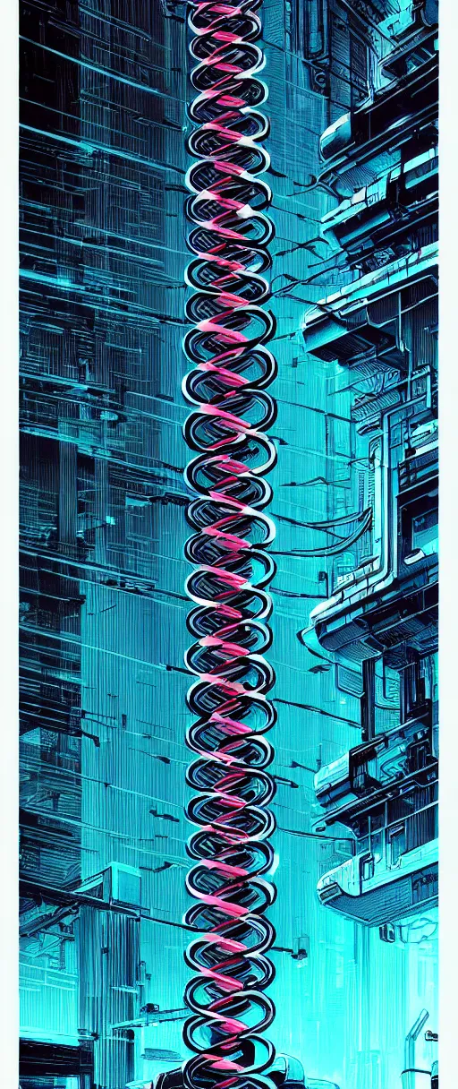 Image similar to a double helix dna cyberpunk pillar, high details, lineart, by vincent di fate, inking, 3 color screen print, masterpiece, trending on artstation, sharp, high contrast, hyper - detailed,, hd, 4 k, 8 k