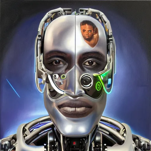 Image similar to a realistic oil painting of a black man as a cybernetic cyborg, surrealism portrait, surrealism album cover