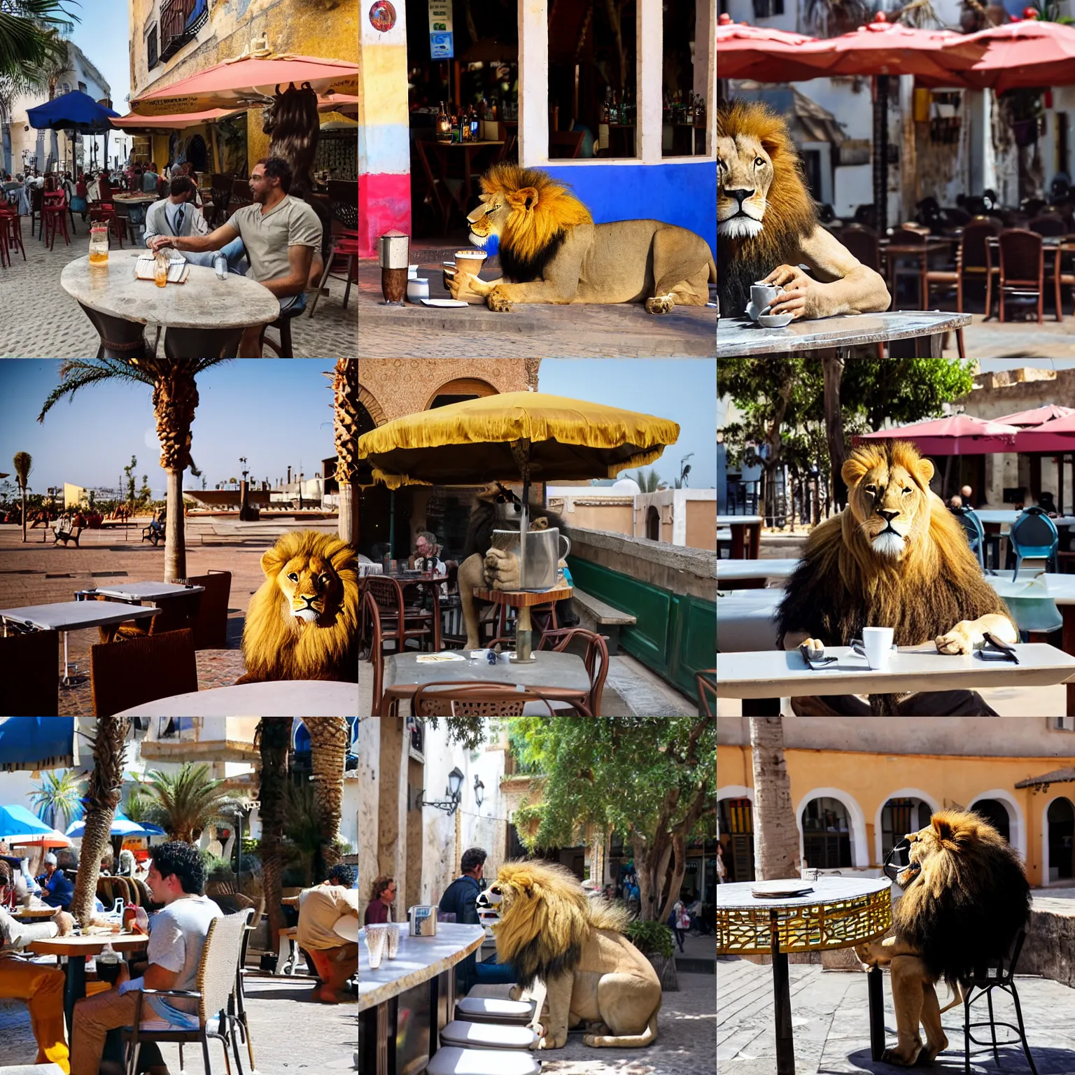 Prompt: A lion drinking coffee at table of an outdoor bar in Rabat.