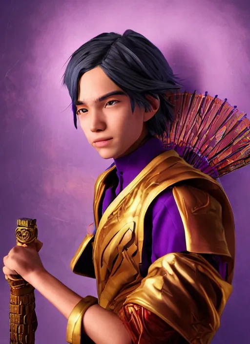 Image similar to An epic fantasy comic book style portrait painting of teenager boy with straight indigo hair, purple eyes with red eye markers, slim body, wearing a detailed Japanese kimono with golden armpieces, holding a pair of fans. Unreal 5, DAZ, hyperrealistic, octane render, cosplay, RPG portrait, dynamic lighting