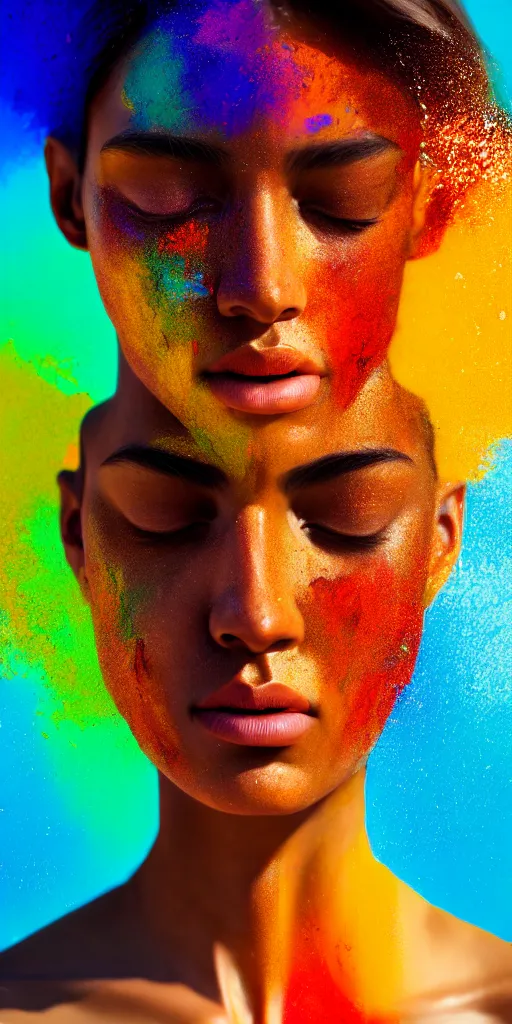 Image similar to photo half body portrait of very beautiful woman, face emerging from pool of colorful oils, brown skin, realism, extreme detail, real life, key art, soft light, volumetric light, 3 - d shadows, photo by james jean and wlop, photoshoot