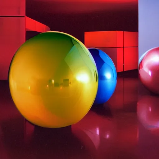 Prompt: chrome spheres on a red cube, fuji velvia 50