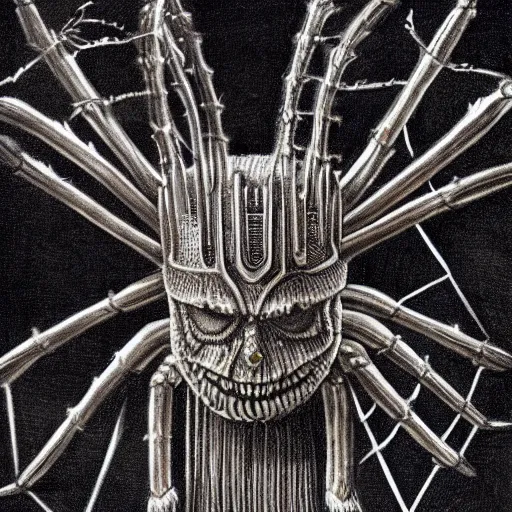 Image similar to spider wearing a viking helmet, by h r giger