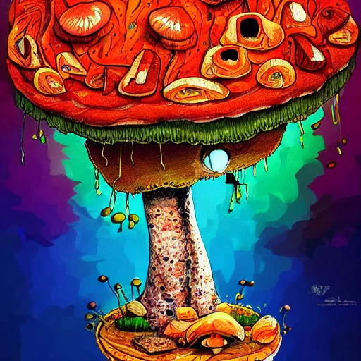 Image similar to trippy angry mushroom eat a meat, acrilic paint, digital, artstation, detailed intricate ink illustration, heavenly atmosphere, digital art, overdetailed art, concept art, complementing colors, trending on artstation, cgstudio, the most beautiful image ever created, dramatic, subtle, details, award winning artwork, beautiful scenery