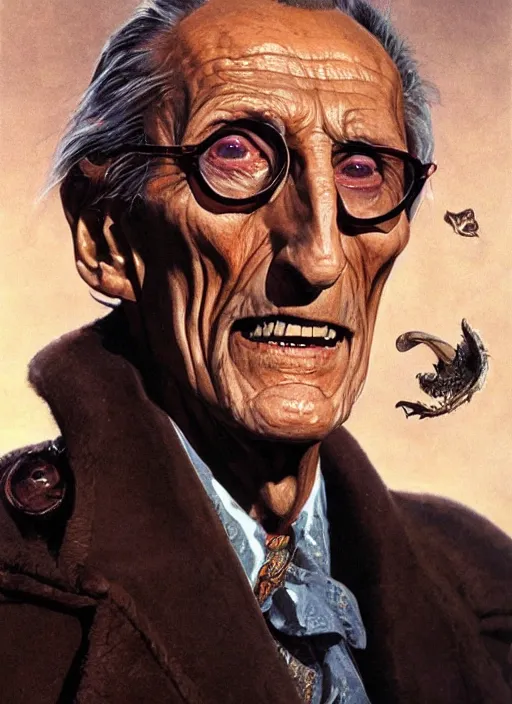 Image similar to portrait of Peter Cushing as Grimsdyke in Tales From the Crypt (1972), highly detailed, centered, solid color background, digital painting, artstation, concept art, smooth, sharp focus, illustration, artgerm, donato giancola, Joseph Christian Leyendecker, Les Edwards, Ed Repka, WLOP, Artgerm