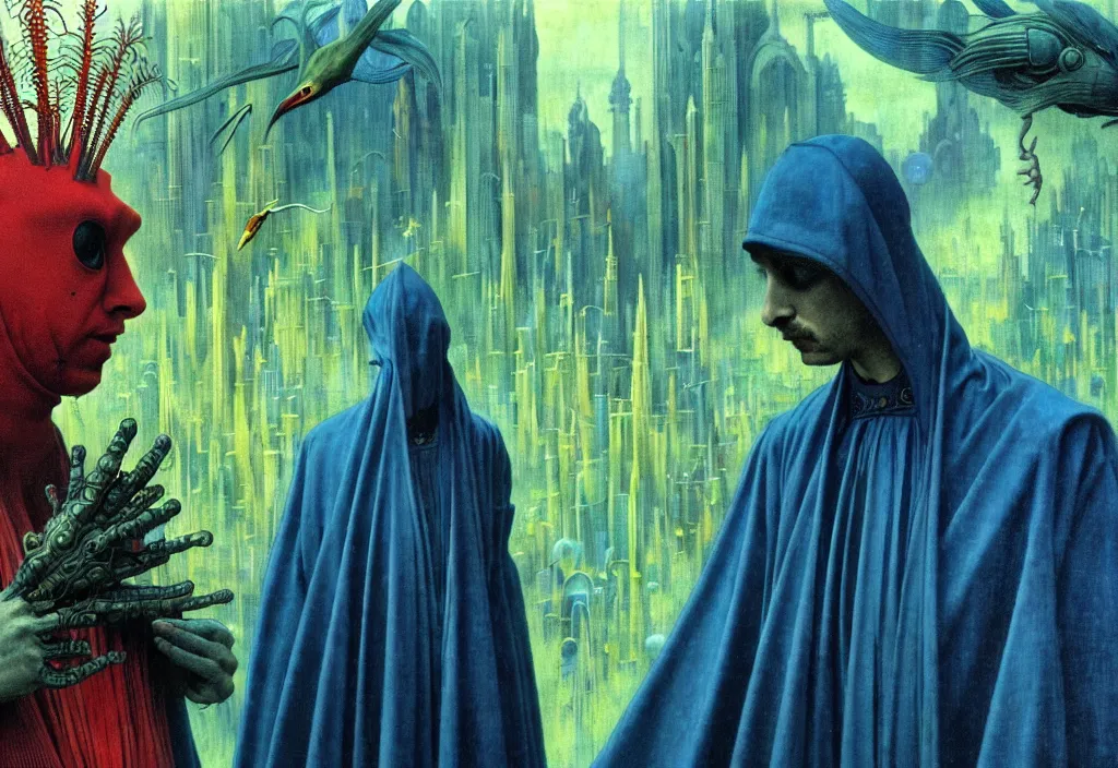 Image similar to realistic detailed portrait movie shot of a birdman wearing dark robes, sci fi city landscape background by denis villeneuve, amano, yves tanguy, alphonse mucha, ernst haeckel, max ernst, roger dean, masterpiece, rich moody colours, blue eyes, mysterious