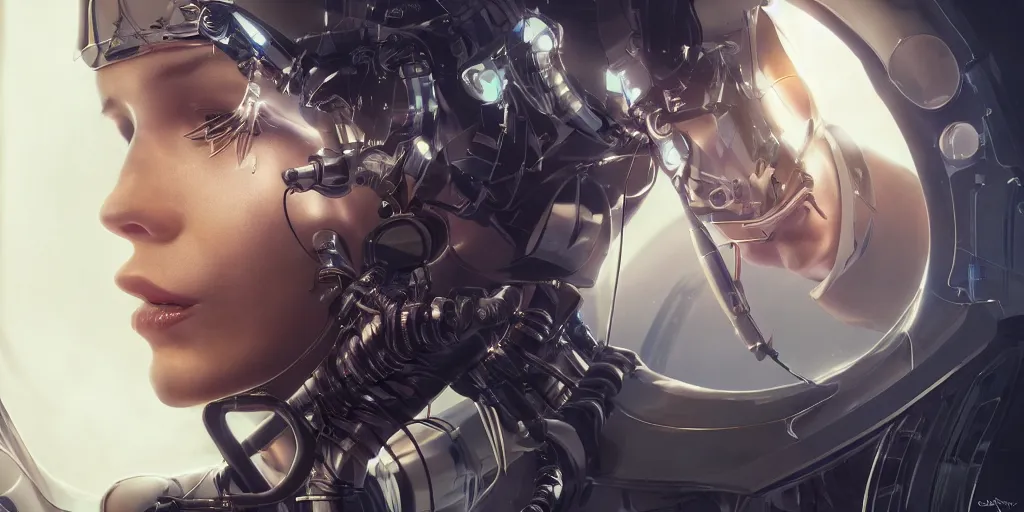 Image similar to a close up still of cyborgs creating humans in a sophisticated bio lab in space, sci - fi, neon lighting, sophisticated, futuristic, highly detailed, intricate, sharp focus, digital illustration, smooth, by artgerm, wlop, syd meade, greg rutkowski, trending on artstation