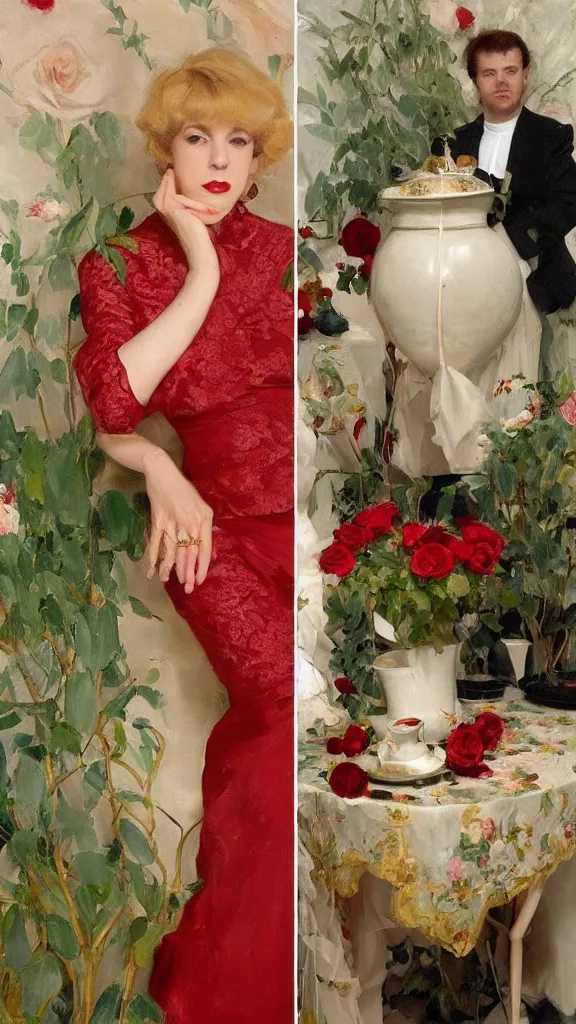 Prompt: beautiful young julee cruise in detailed golden sleeve balloon lace dress beside a pot of red roses set near a persian pot by john singer sargent