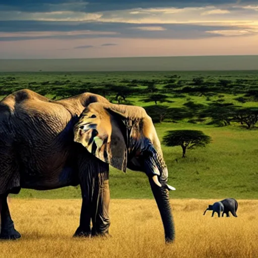 Prompt: a highly detailed panoramic photo by annie leibowitz of the serengeti. in the background a small boy next to an elephant with an extremely long trunk. 8 k, super resolution