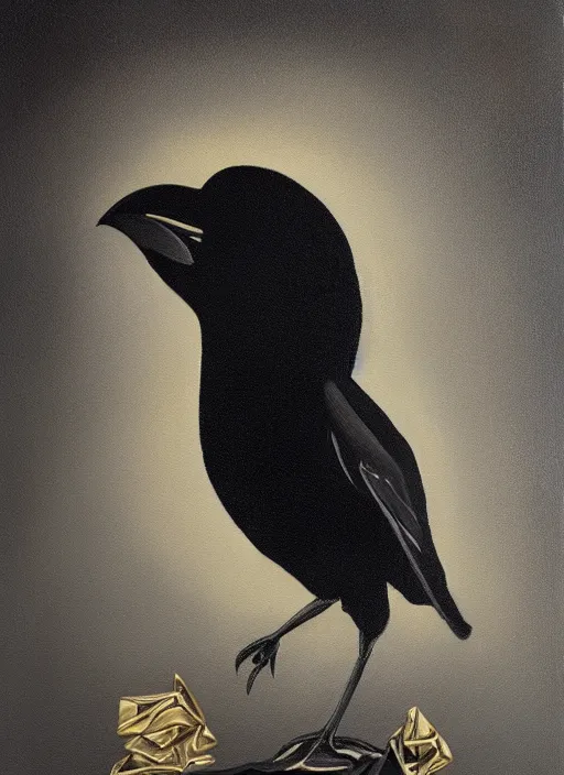 Image similar to art, crow, award - winning painting, abstract painting, gold and silver shapes, elegant, luxurious, beautiful, pitch black background, chiaroscuro