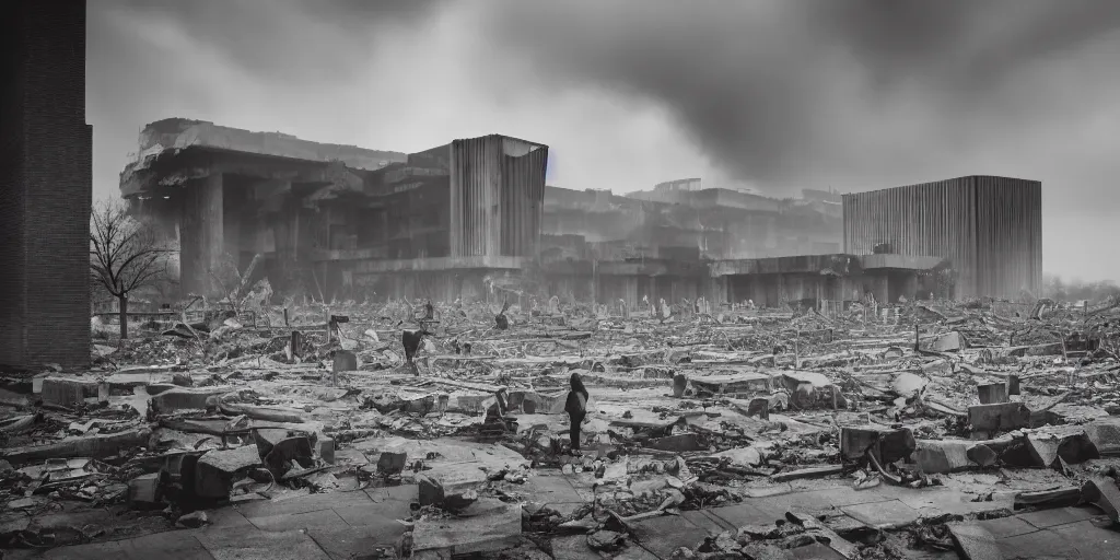 Prompt: a nuclear landscape of the southbank centre in london, collapsed brutalist architecture, groups of human figures stagger among the ruins, fog, dust atmosphere, brooding clouds, mushroom cloud, detailed, 4k