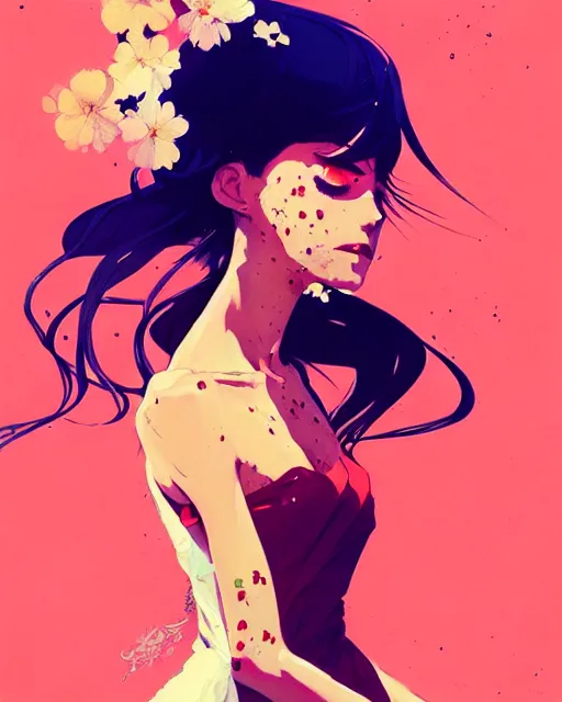 Image similar to a ultradetailed beautiful panting of a stylish woman in a flower dress, by conrad roset, greg rutkowski and makoto shinkai, trending on artstation