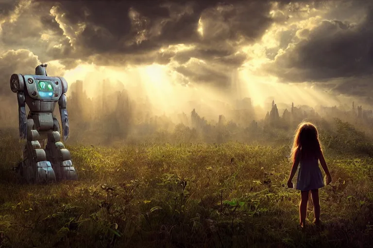 Image similar to the great beyond, sci - fi scene future new york, little girl holding a hand of a big robot, forest punk, crepuscular rays, epic scene, hyper realistic, photo realistic, overgrowth, cinematic atmosphere, ethereal lighting, style of john - waterhouse