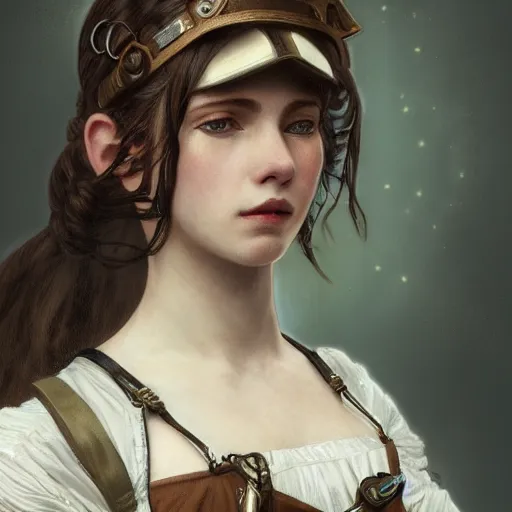 Prompt: portrait of a 1800s young female steampunk fighter, futuristic, headshot, hyper realistic, pale skin, 4k, rule of thirds, extreme detail, detailed drawing, trending artstation, hd, fantasy, D&D, realistic lighting, by Alphonse Mucha, Greg Rutkowski, sharp focus, backlit, elegant