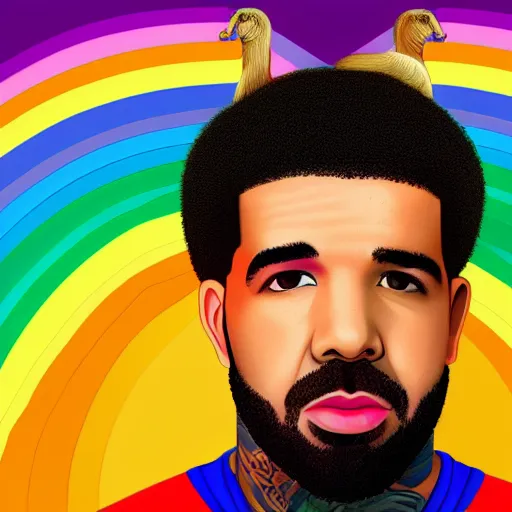 Image similar to drake the rapper in the splits position, with rainbow above his head, high quality, 8 k,