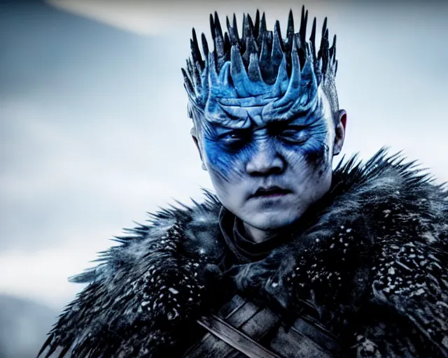 Image similar to justin sun as night king in game of thrones, extreme close - up of crying tears made of magic ice water, crimson - black bee army behind, 4 k, epic, cinematic, focus, movie still, fantasy, extreme detail, atmospheric, dark colour, sharp focus